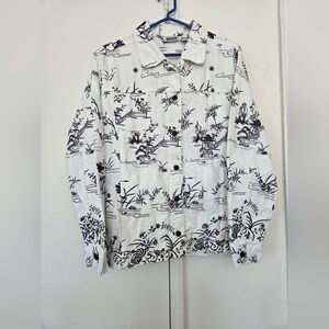 Chico's White Jean Jacket with Black Scenic Print